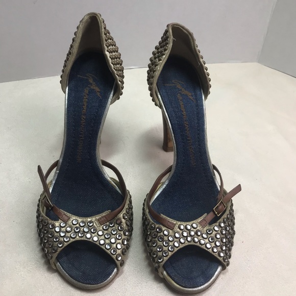 Giuseppe Zanotti Designer Shoes Size 9.5 Rhinestone Studs Open Toe High Heels - Picture 3 of 8